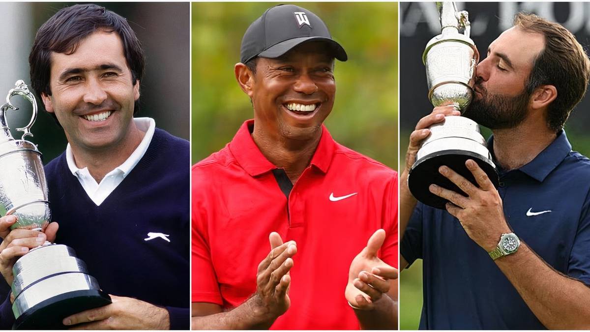 Graphic collage of historic major champions including Seve Ballesteros, Nick Faldo, and Arnold Palmer.