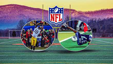 Image of Santonio Holmes' Super Bowl-winning catch in 2009 and Kevin Dyson's 75-yard touchdown return in 2000 with the NFL logo.