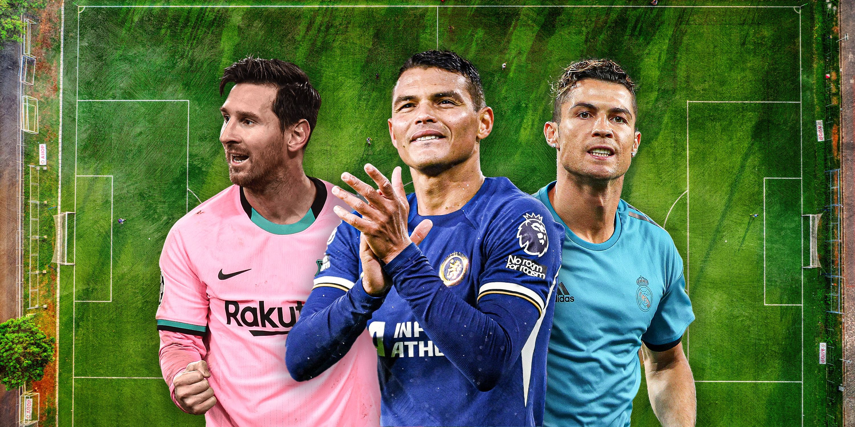 Lionel Messi (Barcelona) and Cristiano Ronaldo (Real Madrid) either side of Thiago Silva (Chelsea)