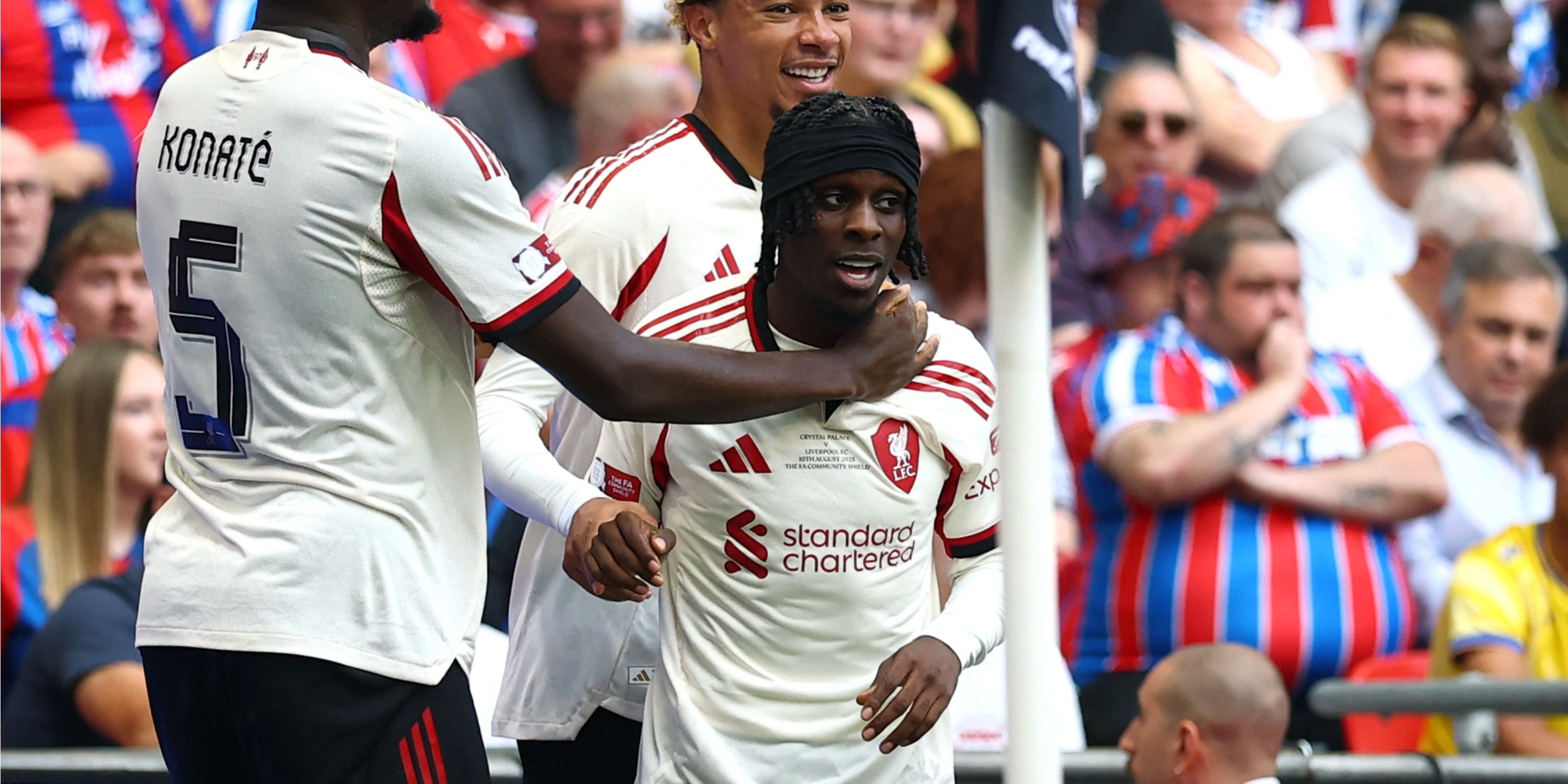 Jeremie Frimpong after scoring for Liverpool against Crystal Palace in the Community Shield