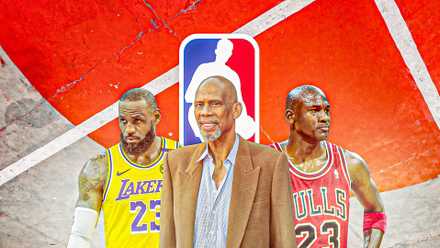 Kareem Abdul-Jabbar with LeBron James and Michael Jordan with an NBA-themed background