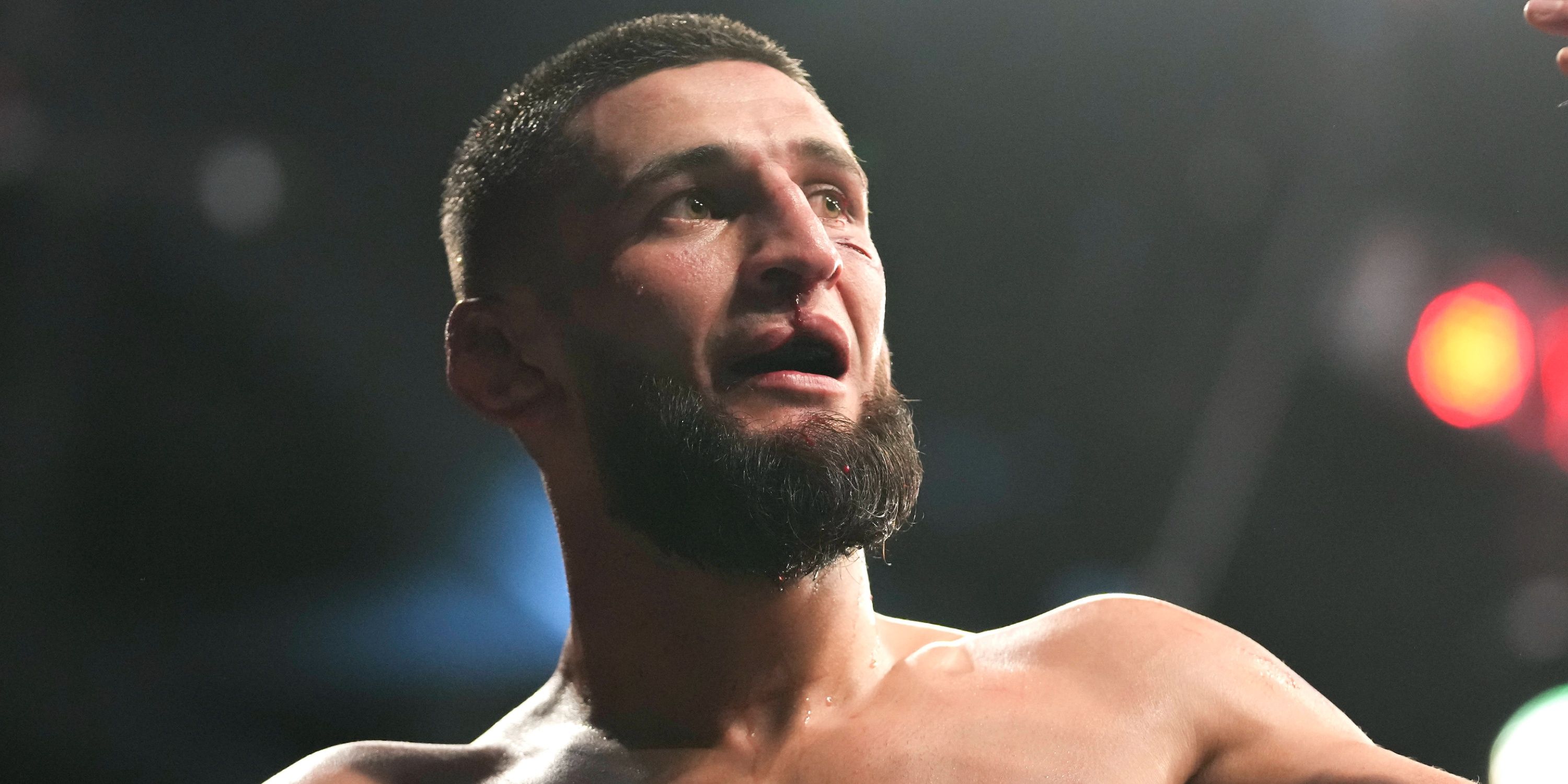 Khamzat Chimaev celebrating after a fight