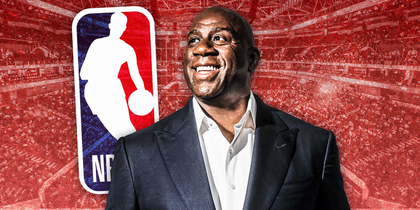 Magic Johnson with the NBA logo as the background