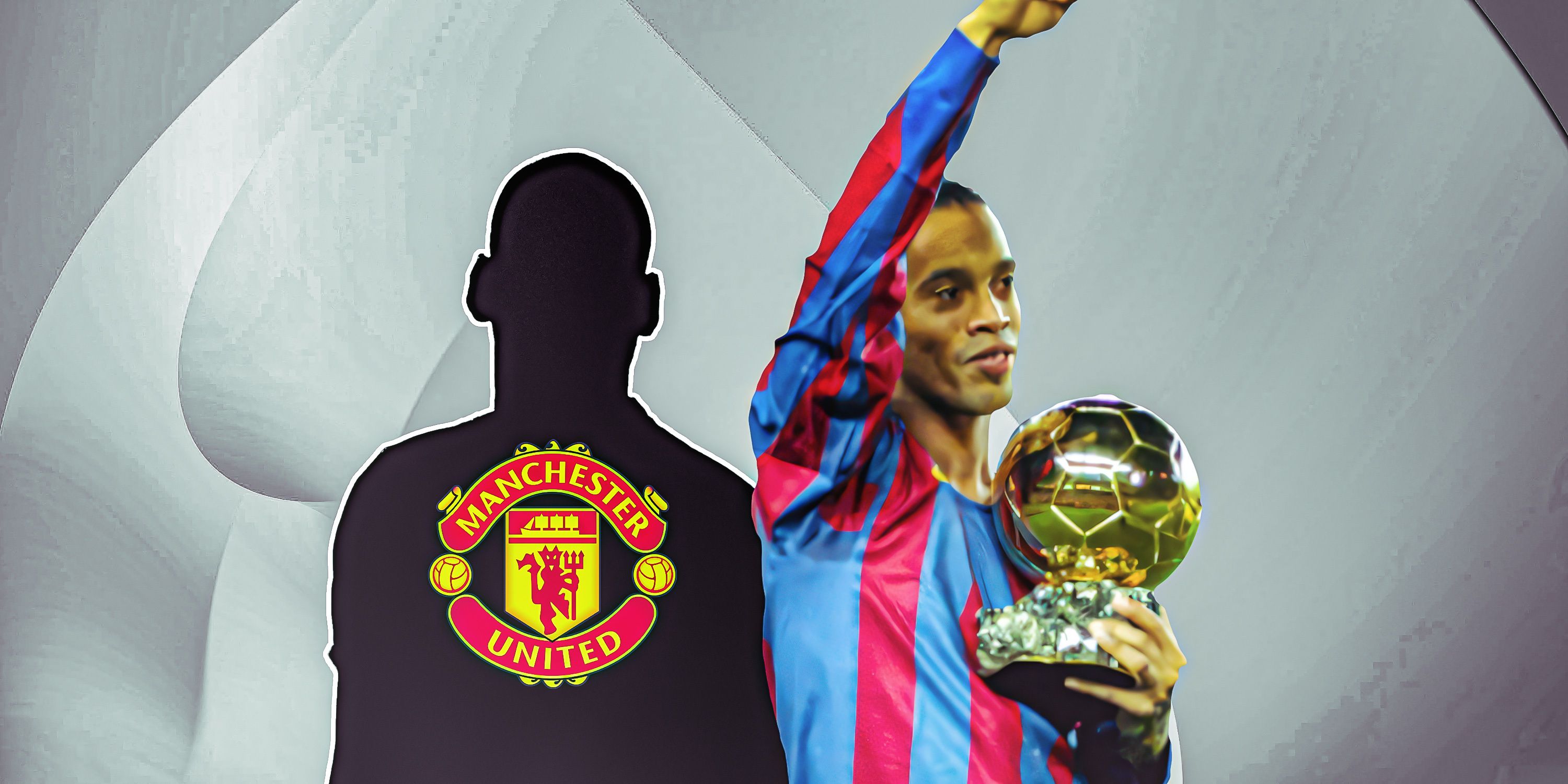 Ronaldinho with Ballon d'Or, Man United logo and silhouette of Pogba