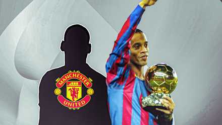Ronaldinho with Ballon d'Or, Man United logo and silhouette of Pogba