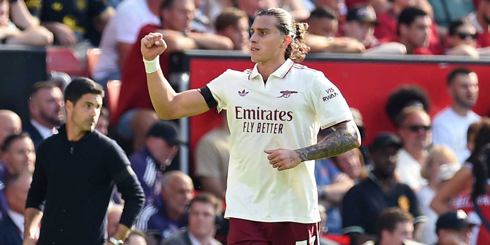 Arsenal's Riccardo Calafiori celebrates scoring their first goal