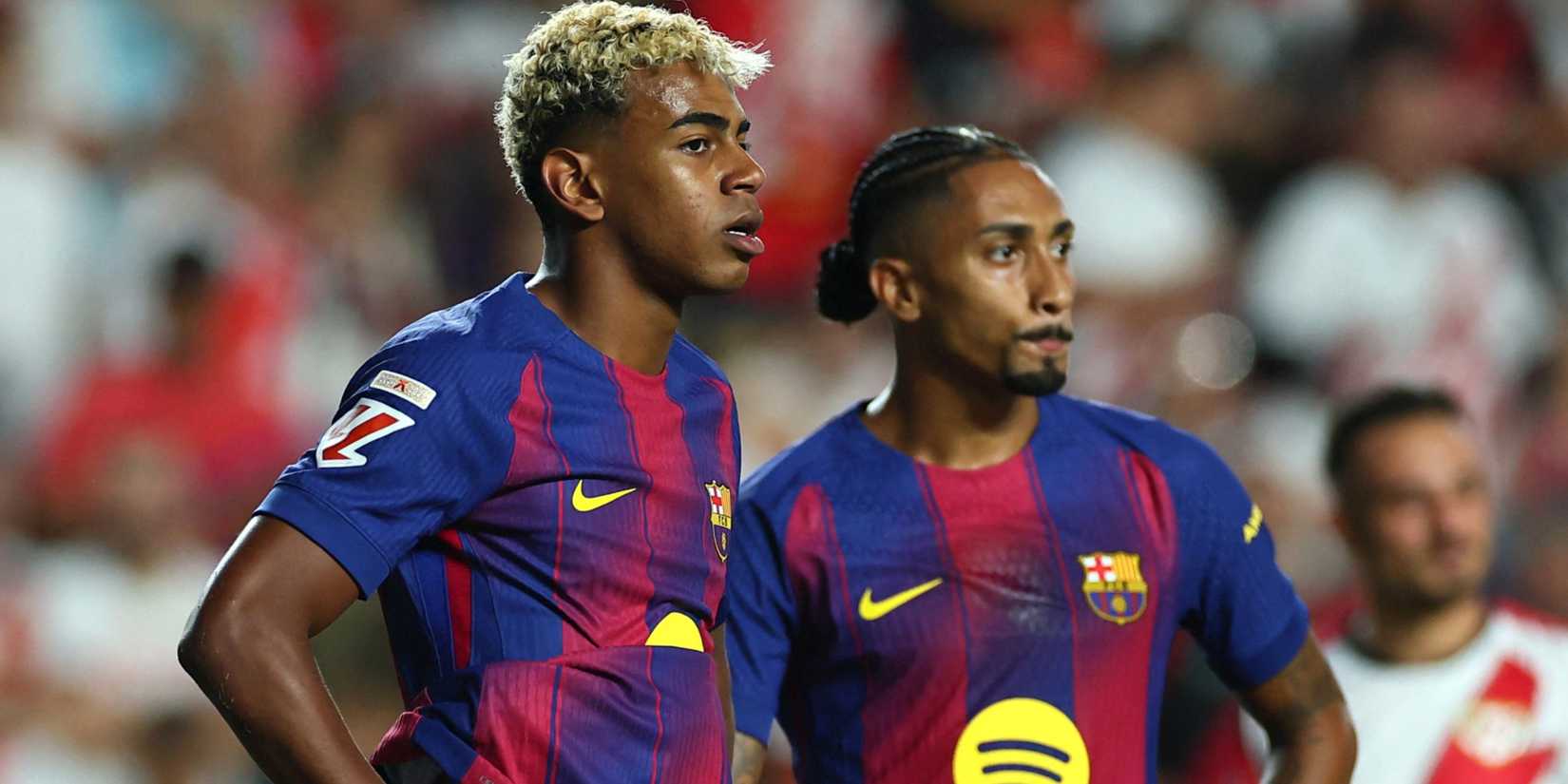 FC Barcelona's Lamine Yamal waits to take a penalty kick with Raphinha