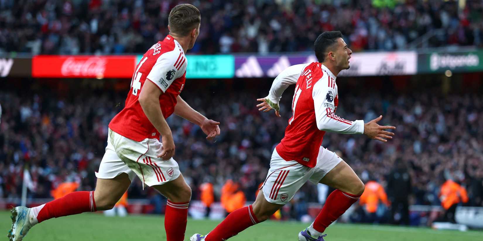 Gabriel Martinelli celebrating after scoring against Manchester City for Arsenal