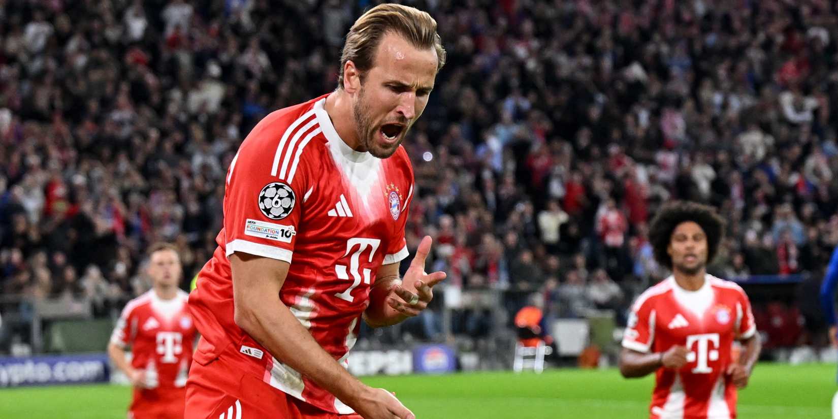 Harry Kane celebrating after scoring for Bayern Munich against Chelsea in the UEFA Champions League