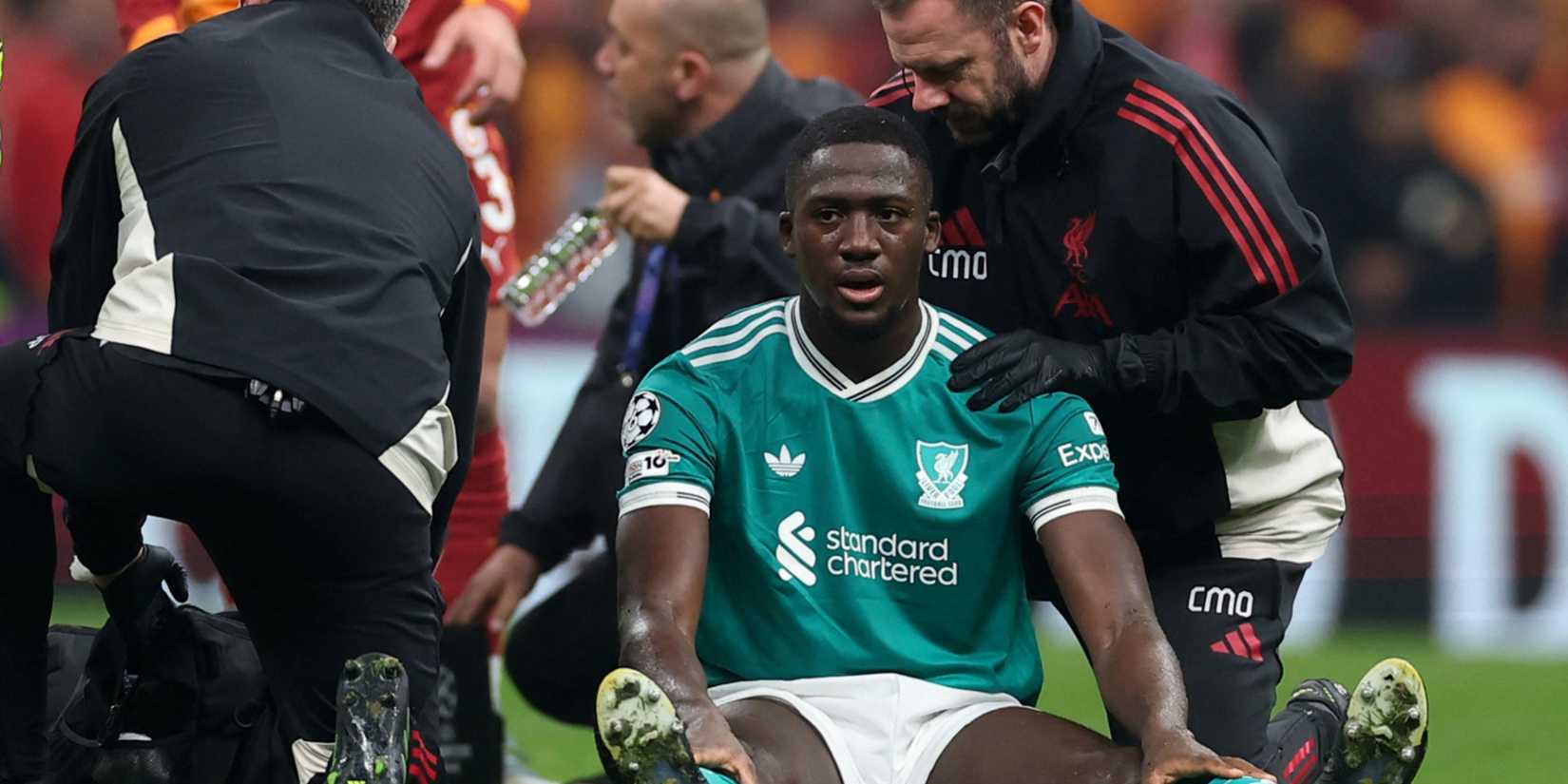 Ibrahima Konate recieving treatment in the UEFA Champions League for Liverpool