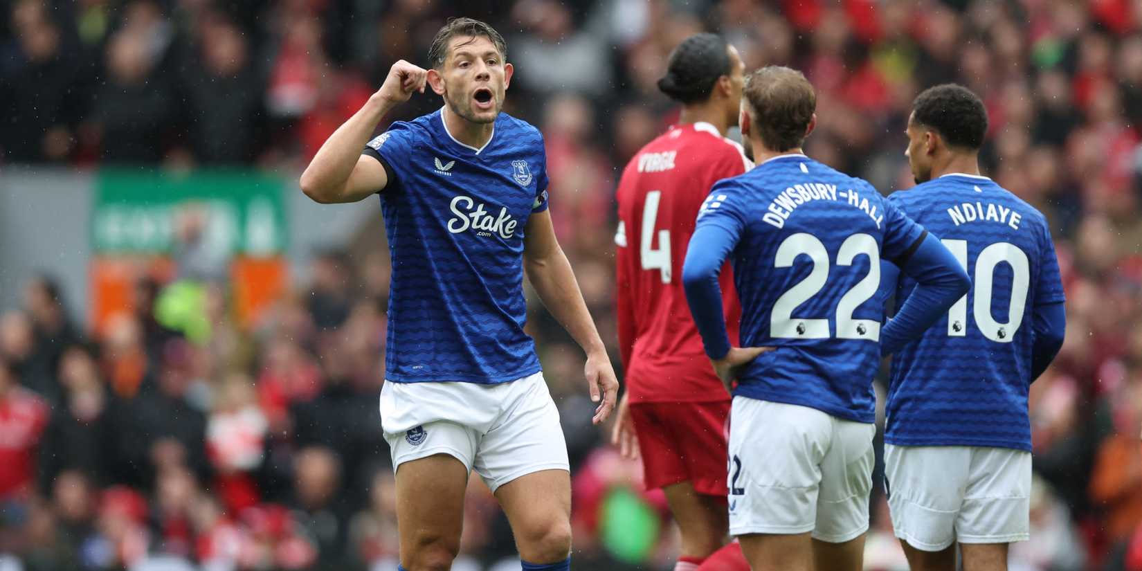 James Tarkowski in action for Everton against Liverpool in the Premier League