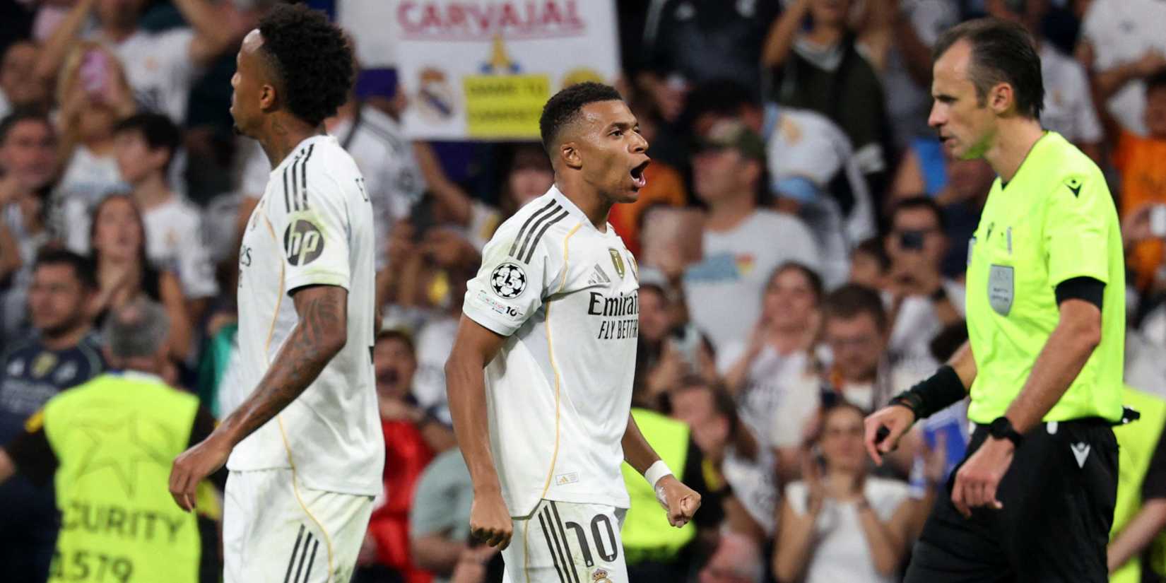 Real Madrid's Kylian Mbappe celebrates scoring their second goal