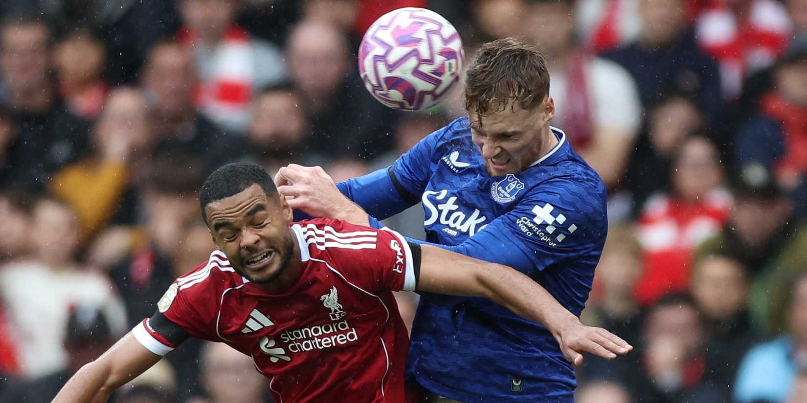 Liverpool's Cody Gakpo in action with Everton's Jake O'Brien