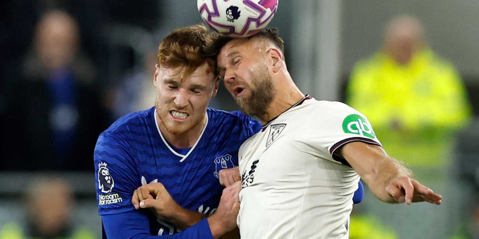 Everton's Jake O'Brien in action with West Ham United's Niclas Fullkrug.