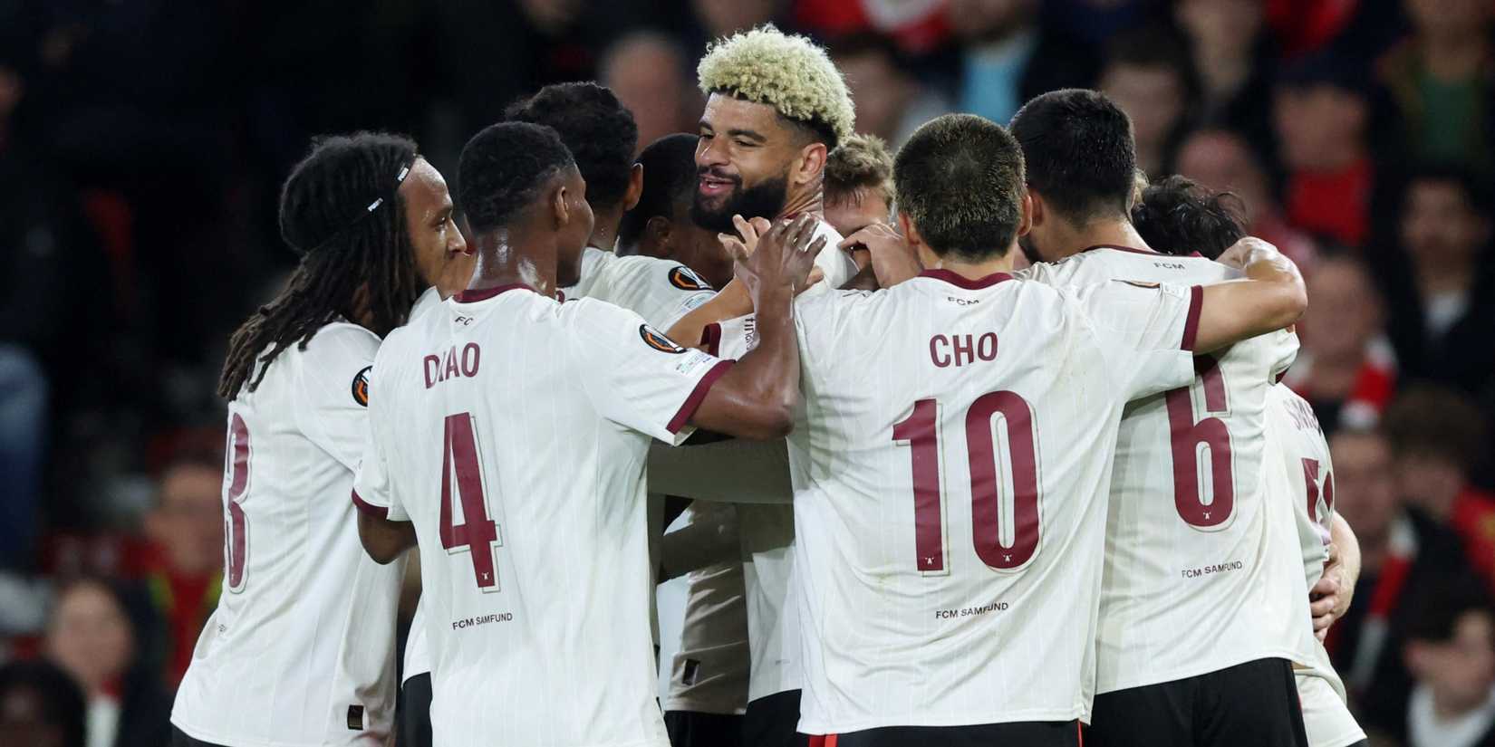 FC Midtjylland players celebrating after scoring against Nottingham Forest in the UEFA Europa League