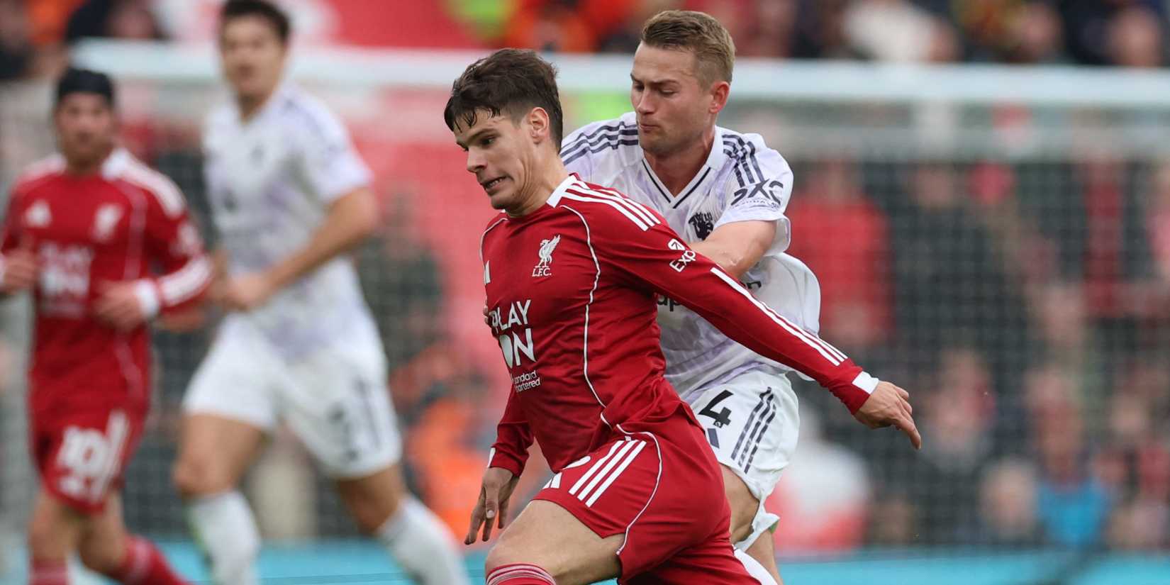 Liverpool's Milos Kerkez in action with Manchester United's Matthijs de Ligt 