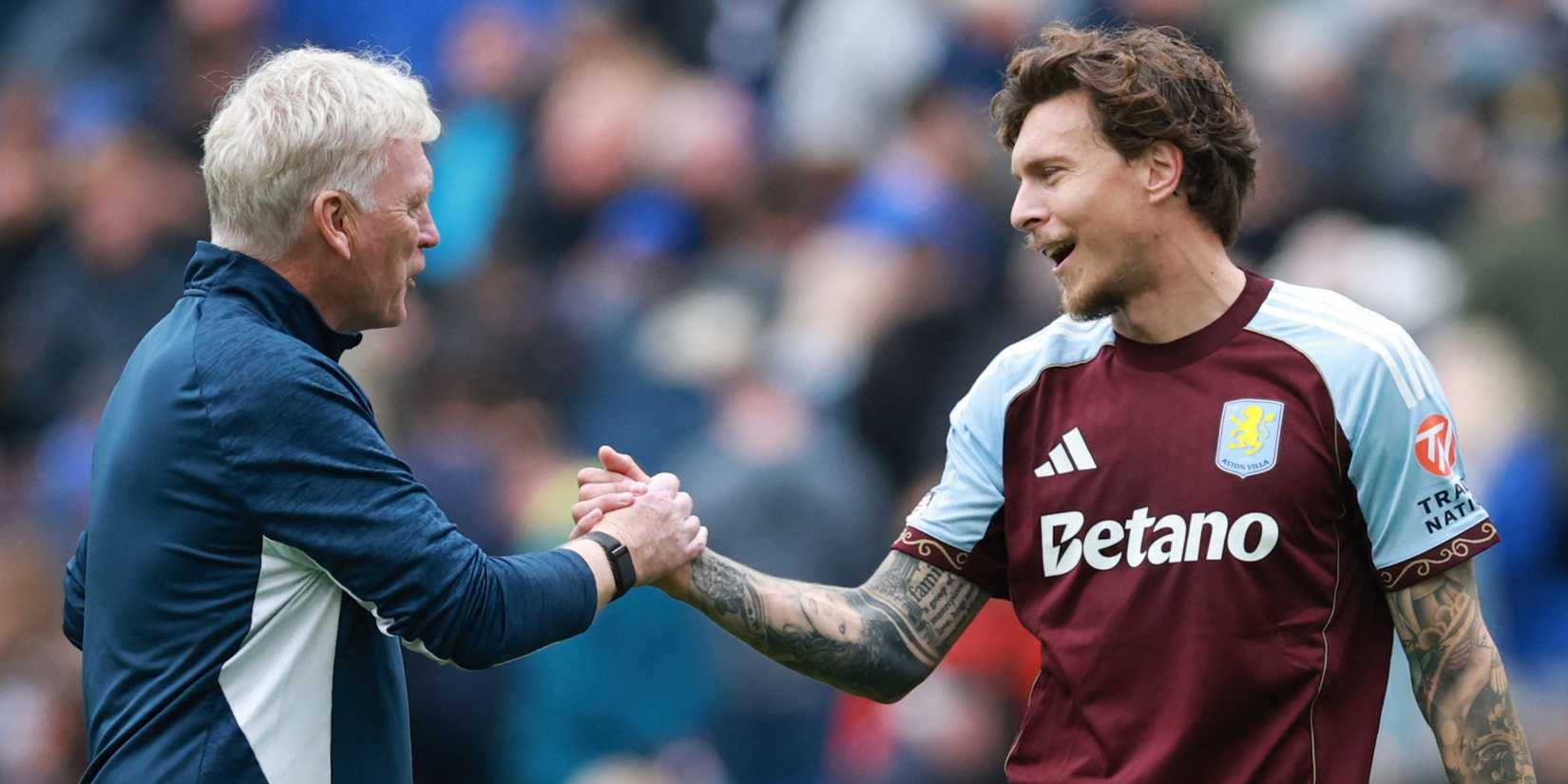 Aston Villa's Victor Lindelof shakes hands with Everton manager David Moyes