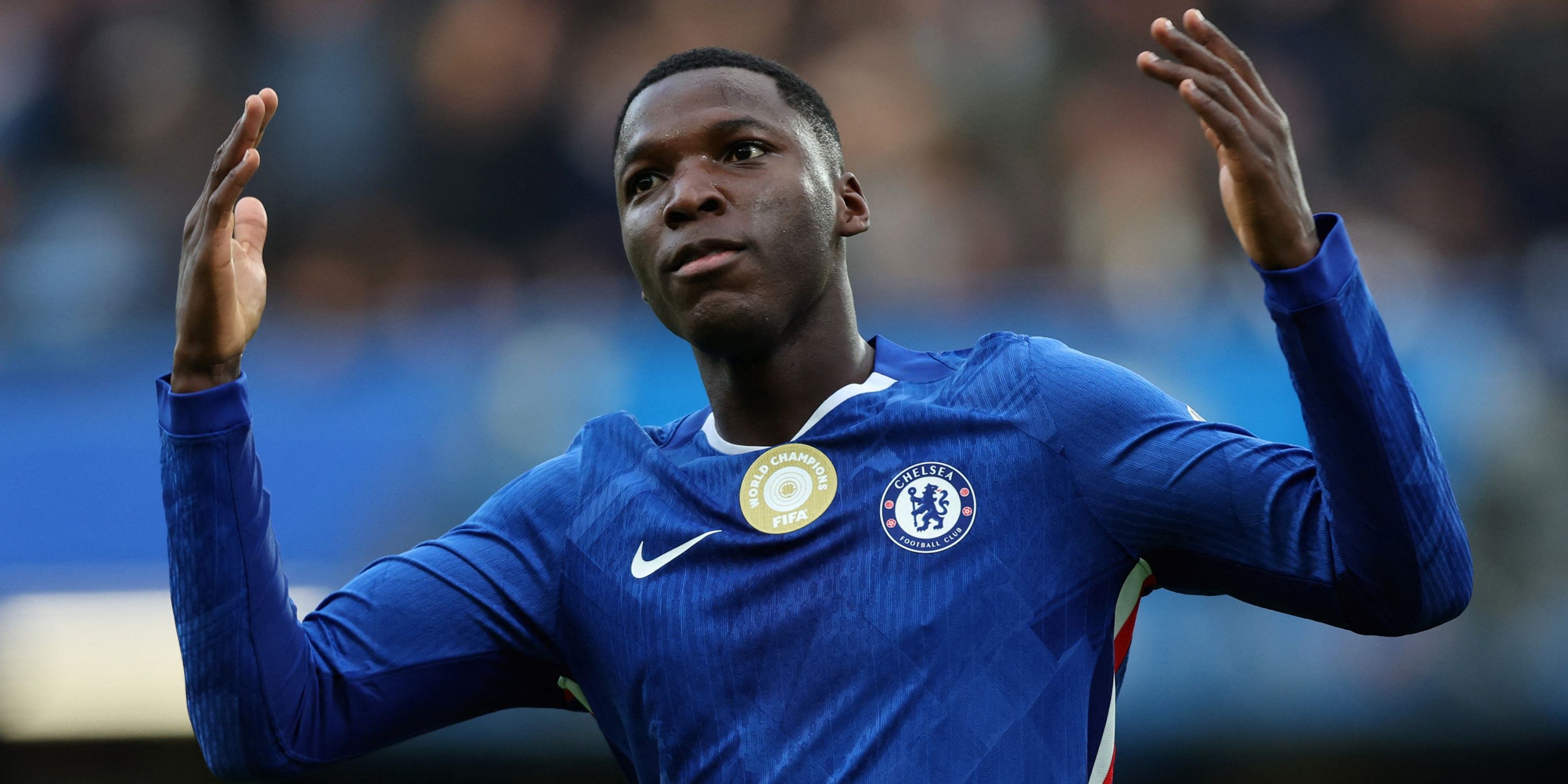Moises Caicedo celebrating after scoring for Chelsea