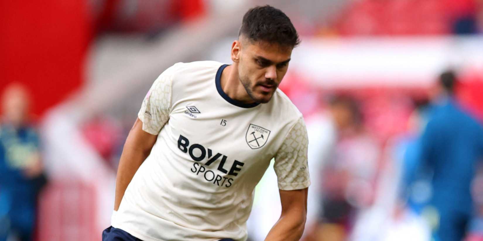 Konstantinos Mavropanos during a pre-match warm-up with West Ham United
