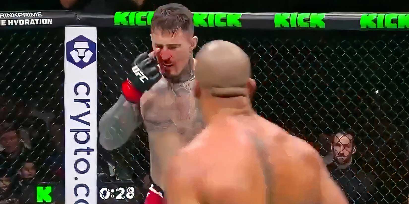 Tom Aspinall after being poked in the eye by Ciryl Gane