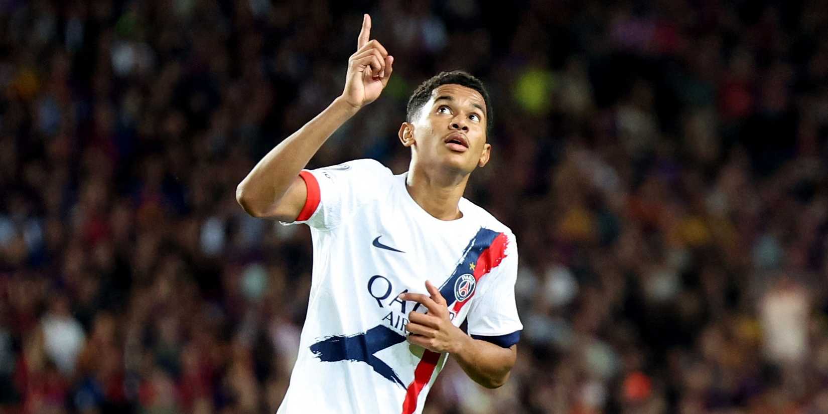 Senny Mayulu celebrating after scoring for PSG against Barcelona in the UEFA Champions League