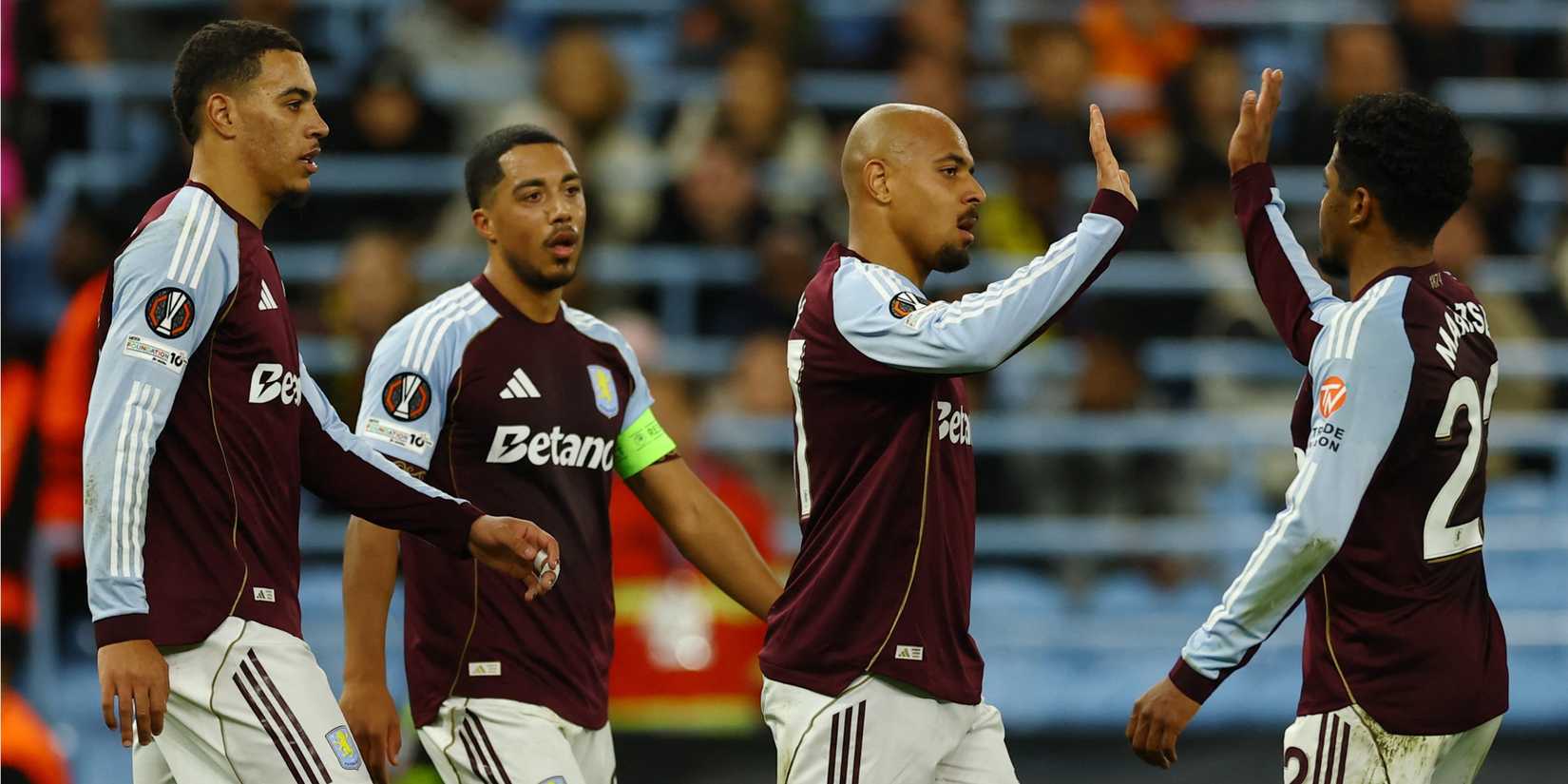 Aston Villa players celebrating after scoring against Young Boys in the UEFA Europa League