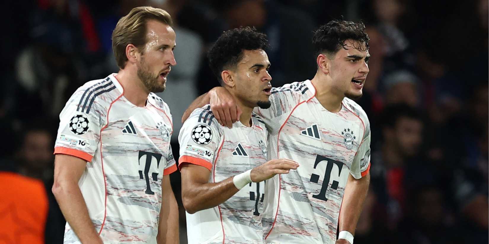 Bayern Munich forward Luis Diaz celebrates scoring against PSG