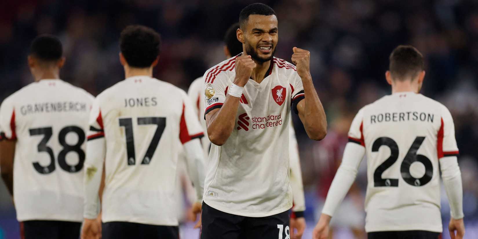 Cody Gakpo celebrating after scoring for Liverpool against West Ham United in the Premier League