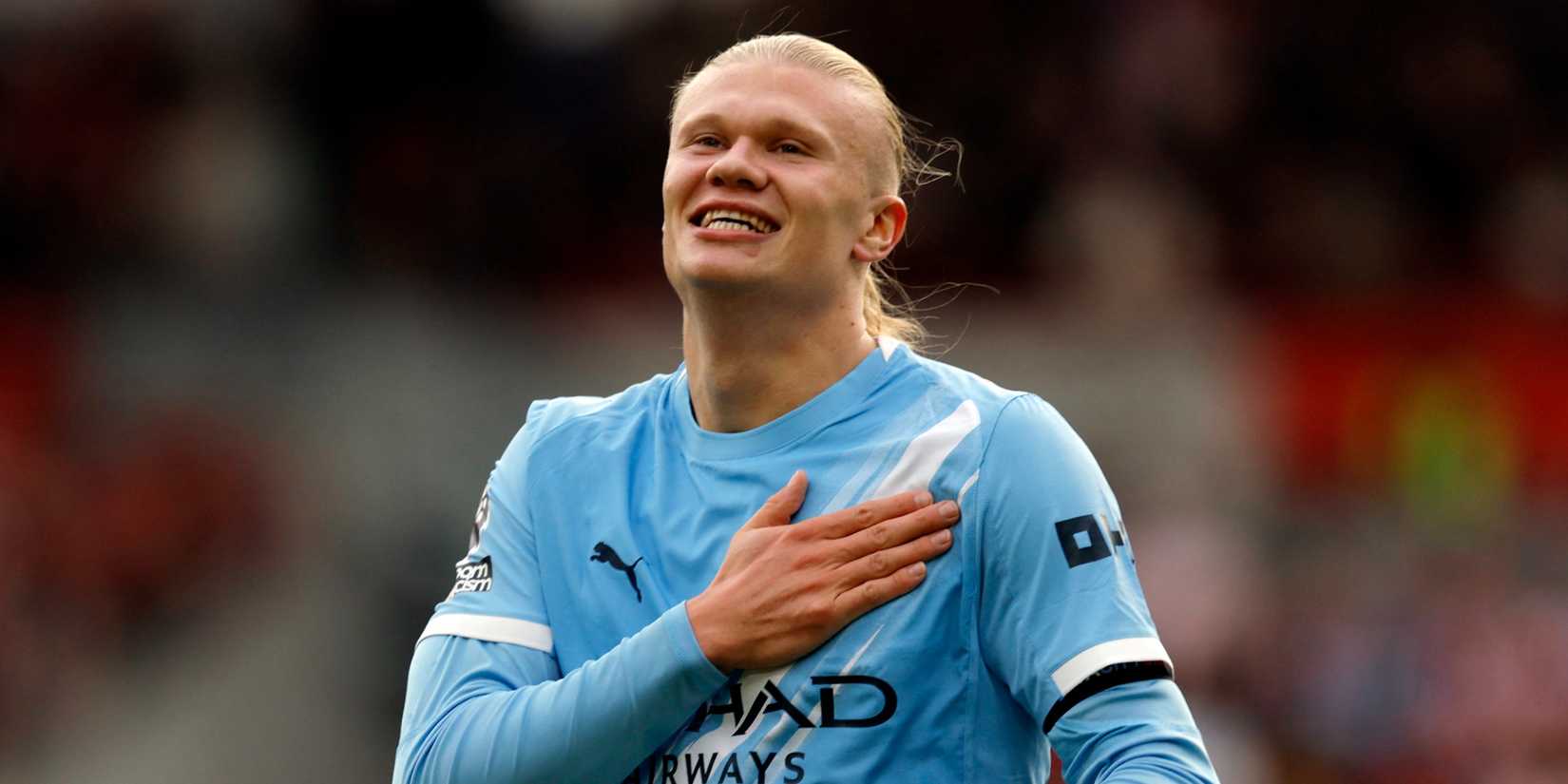 Erling Haaland celebrates after scoring a goal for Manchester City