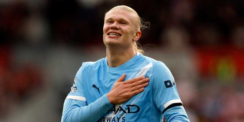 Erling Haaland celebrates after scoring a goal for Manchester City