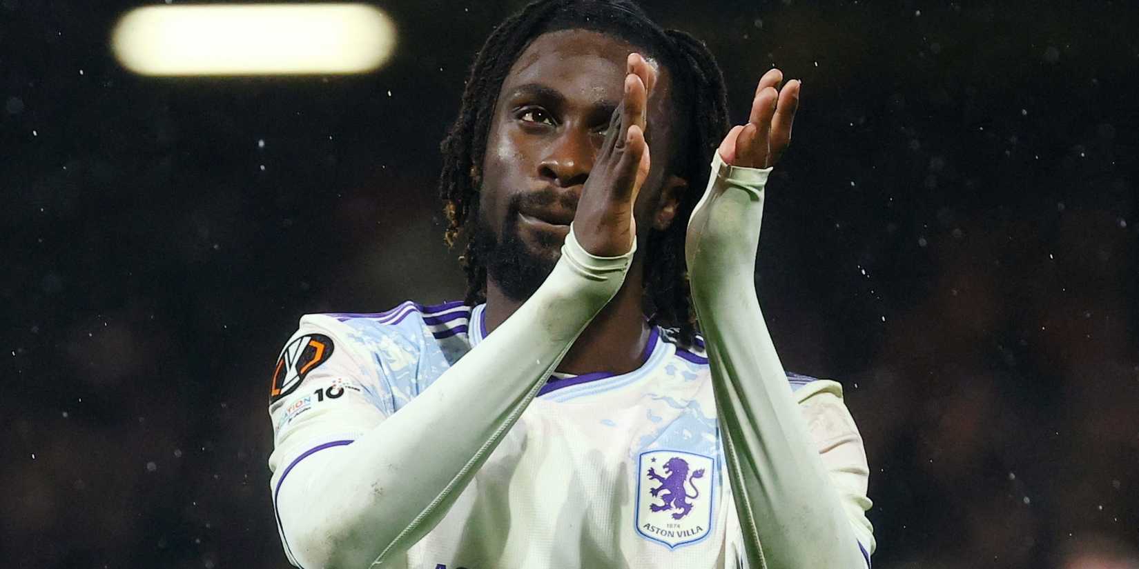 Evann Guessand applauds Aston Villa's supporters