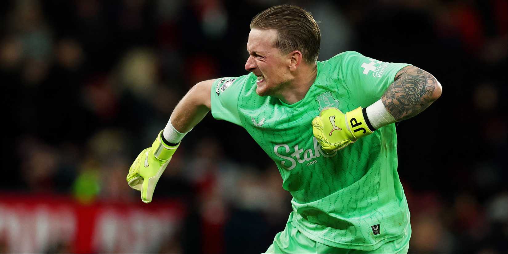 Jordan Pickford celebrates winning at Old Trafford