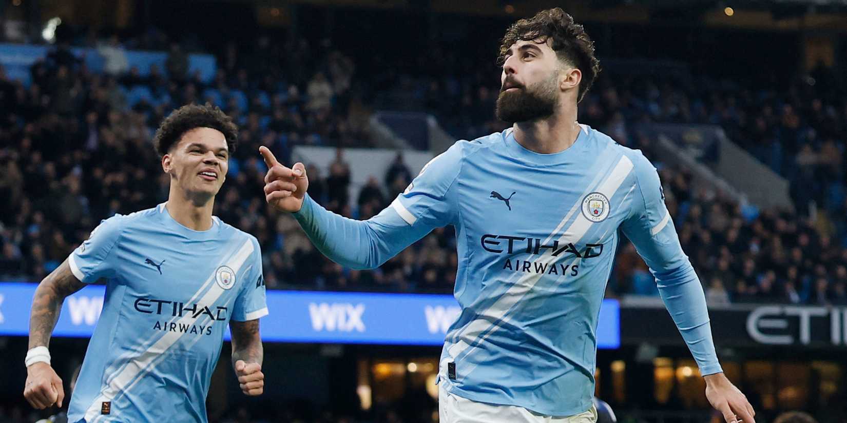 Josko Gvardiol celebrating after scoring for Manchester City against Leeds United in the Premier League