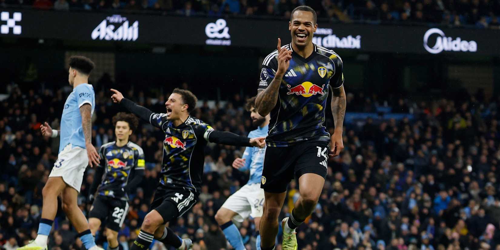 Lukas Nmecha celebrating after scoring for Leeds United against Manchester City in the Premier League