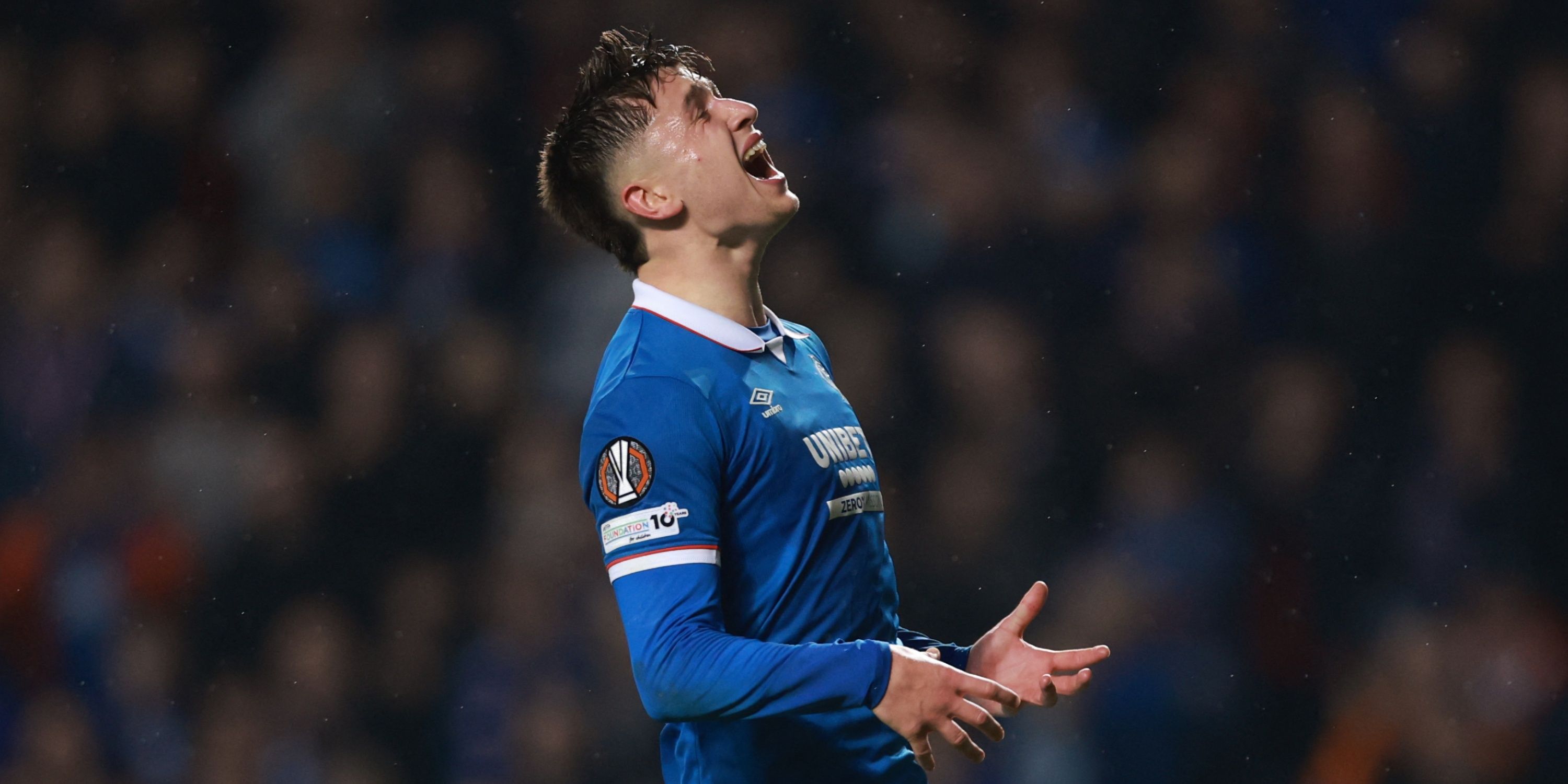 Mikey Moore reacts during Rangers' match against AS Roma