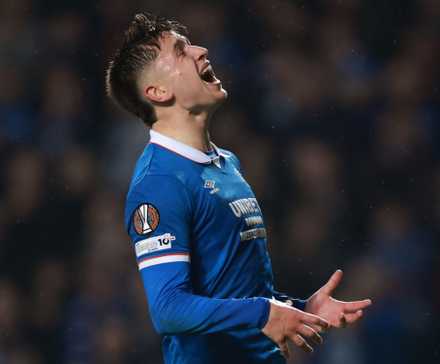 Mikey Moore reacts during Rangers' match against AS Roma