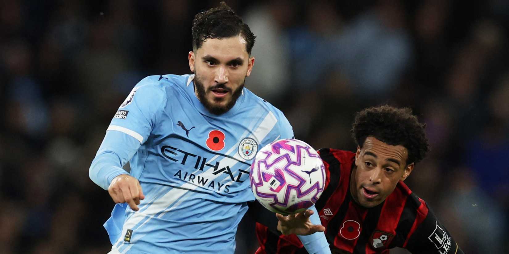 Manchester City's Rayan Cherki in action with AFC Bournemouth's Tyler Adams
