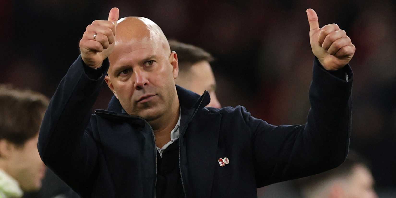 Liverpool manager Arne Slot gives a thumbs up after beating Aston Villa.