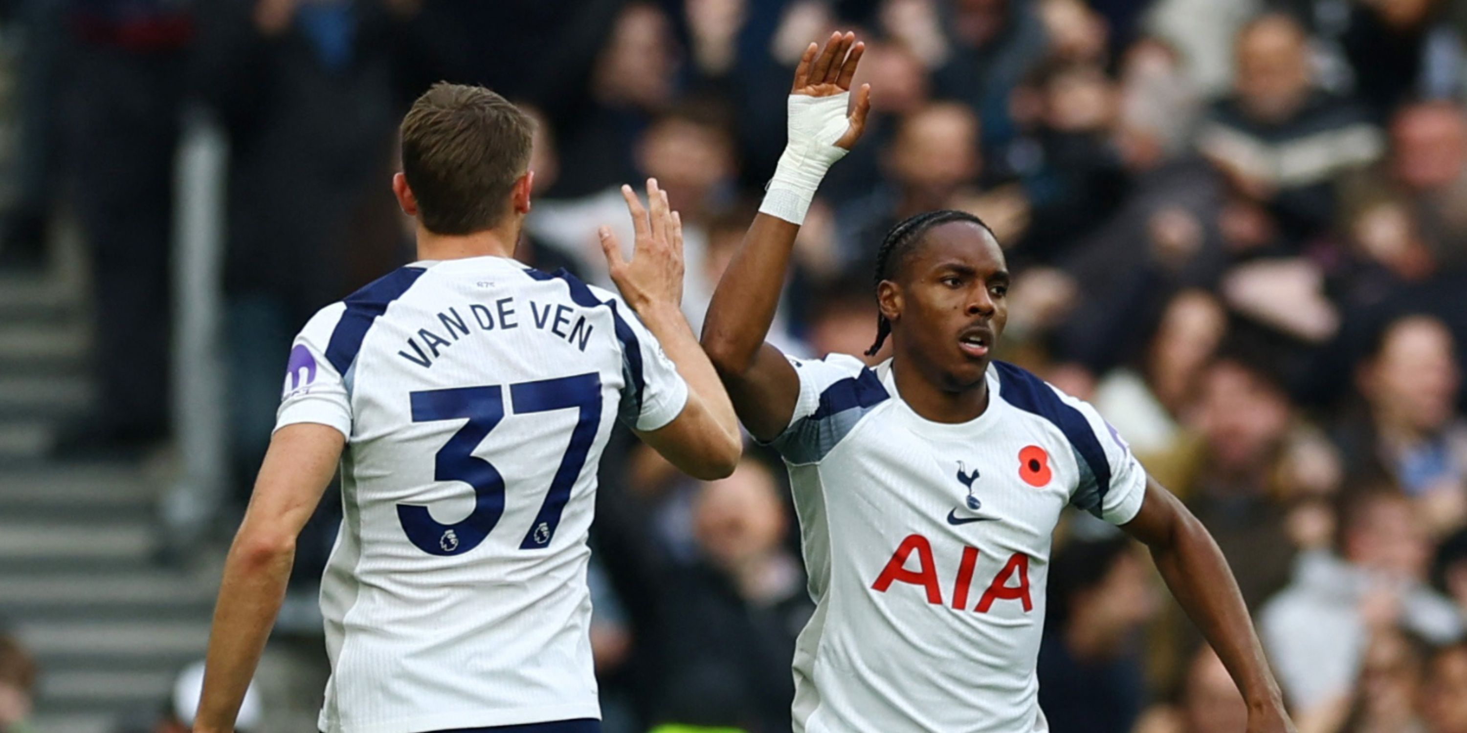 Tottenham Hotspur's Mathys Tel celebrates scoring their first goal with Micky van de Ven