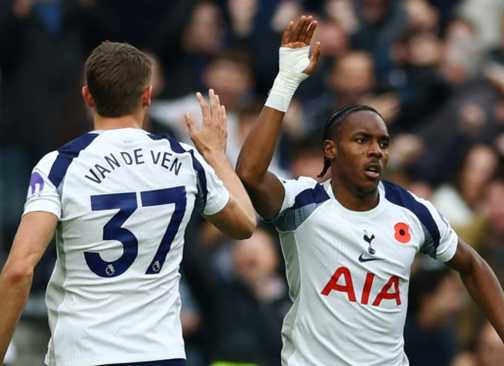 Tottenham Hotspur's Mathys Tel celebrates scoring their first goal with Micky van de Ven
