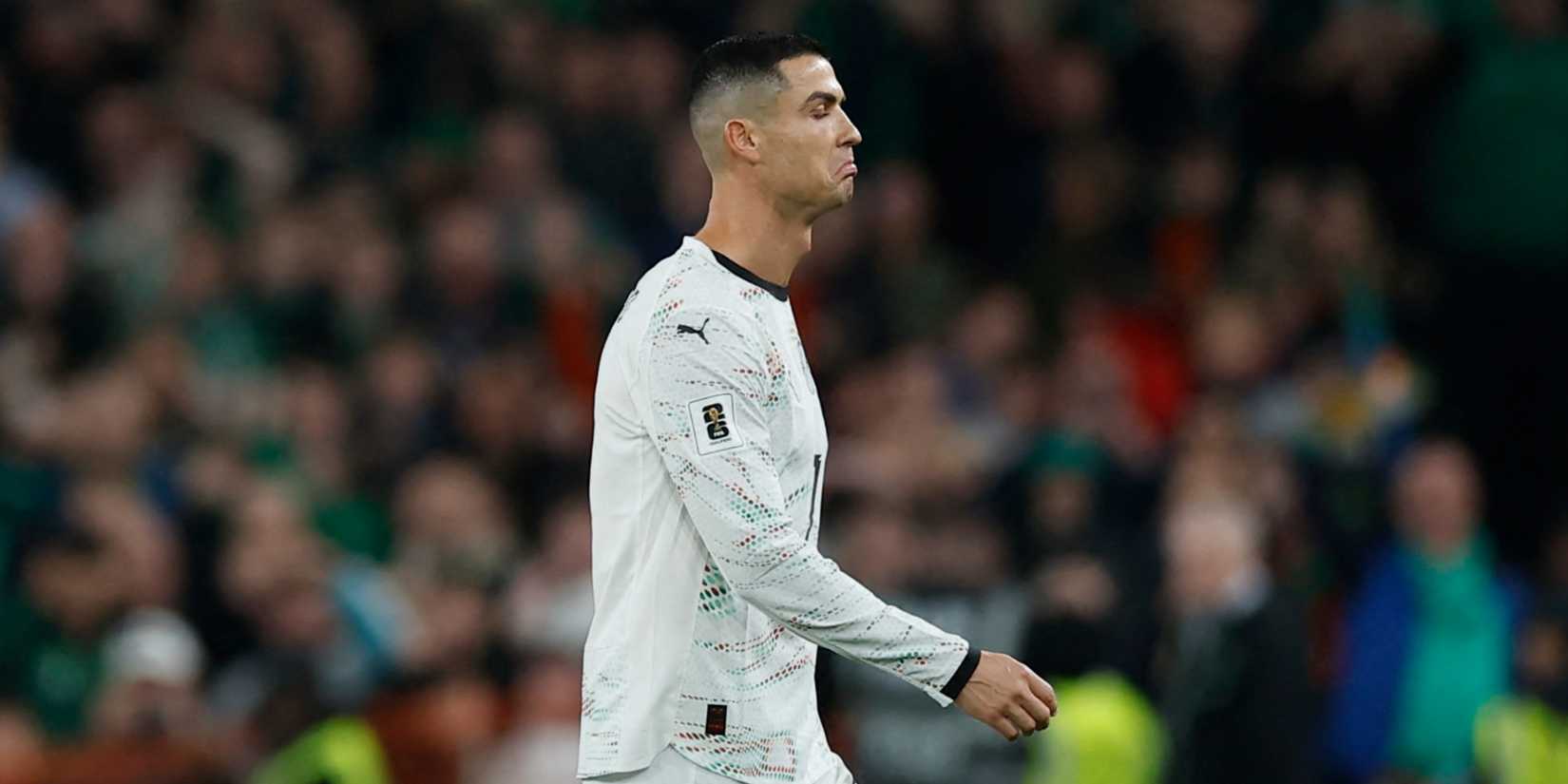 Portugal's Cristiano Ronaldo reacts after being shown a red card
