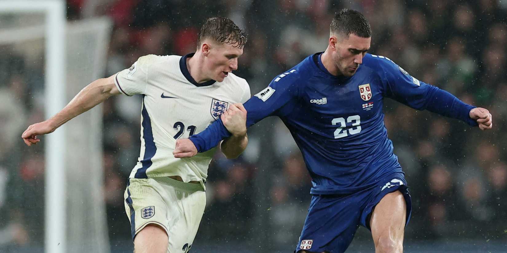 England's Elliot Anderson in action with Serbia's Dusan Vlahovic