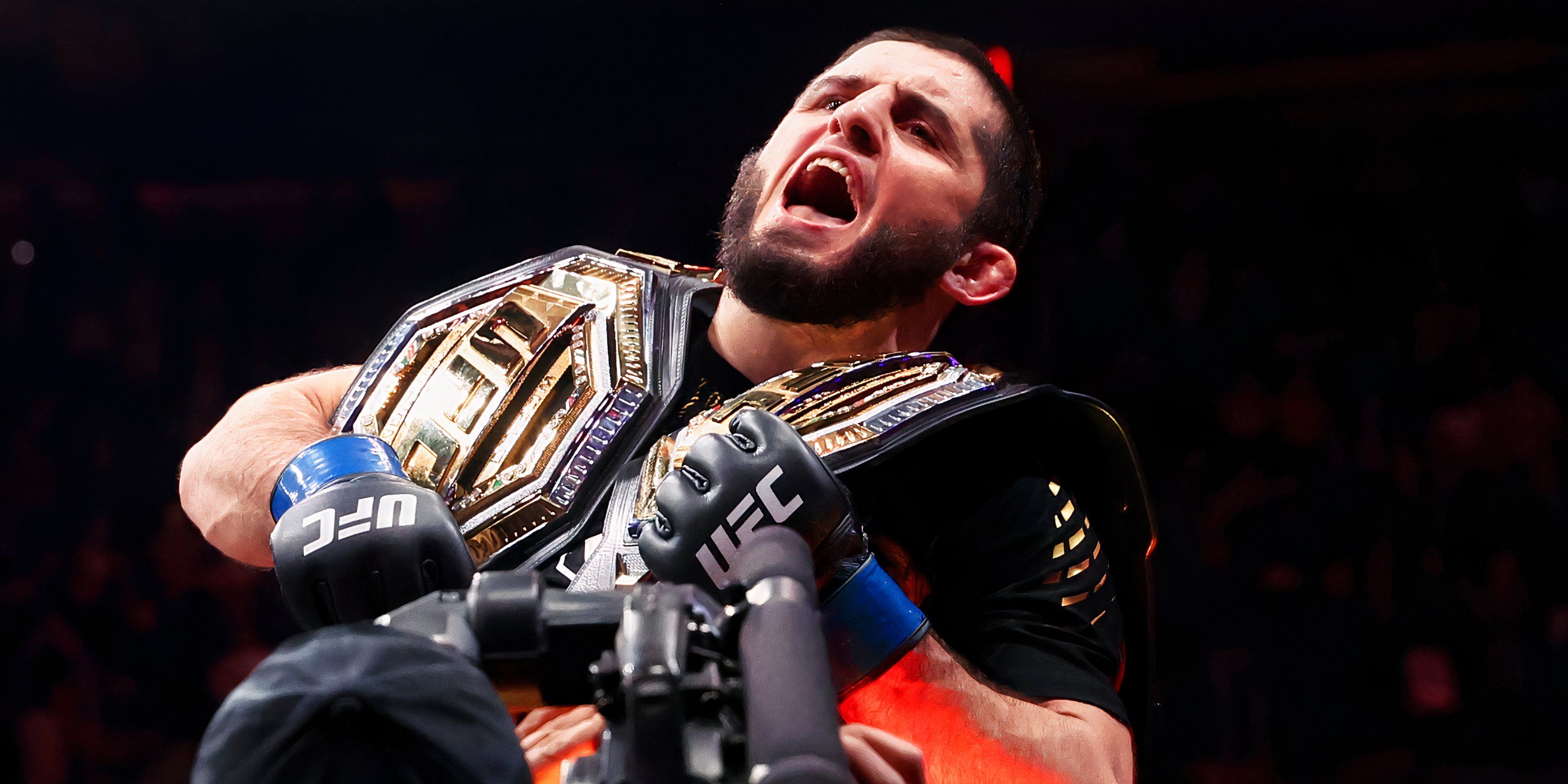 Islam Makhachev celebrates at UFC 322