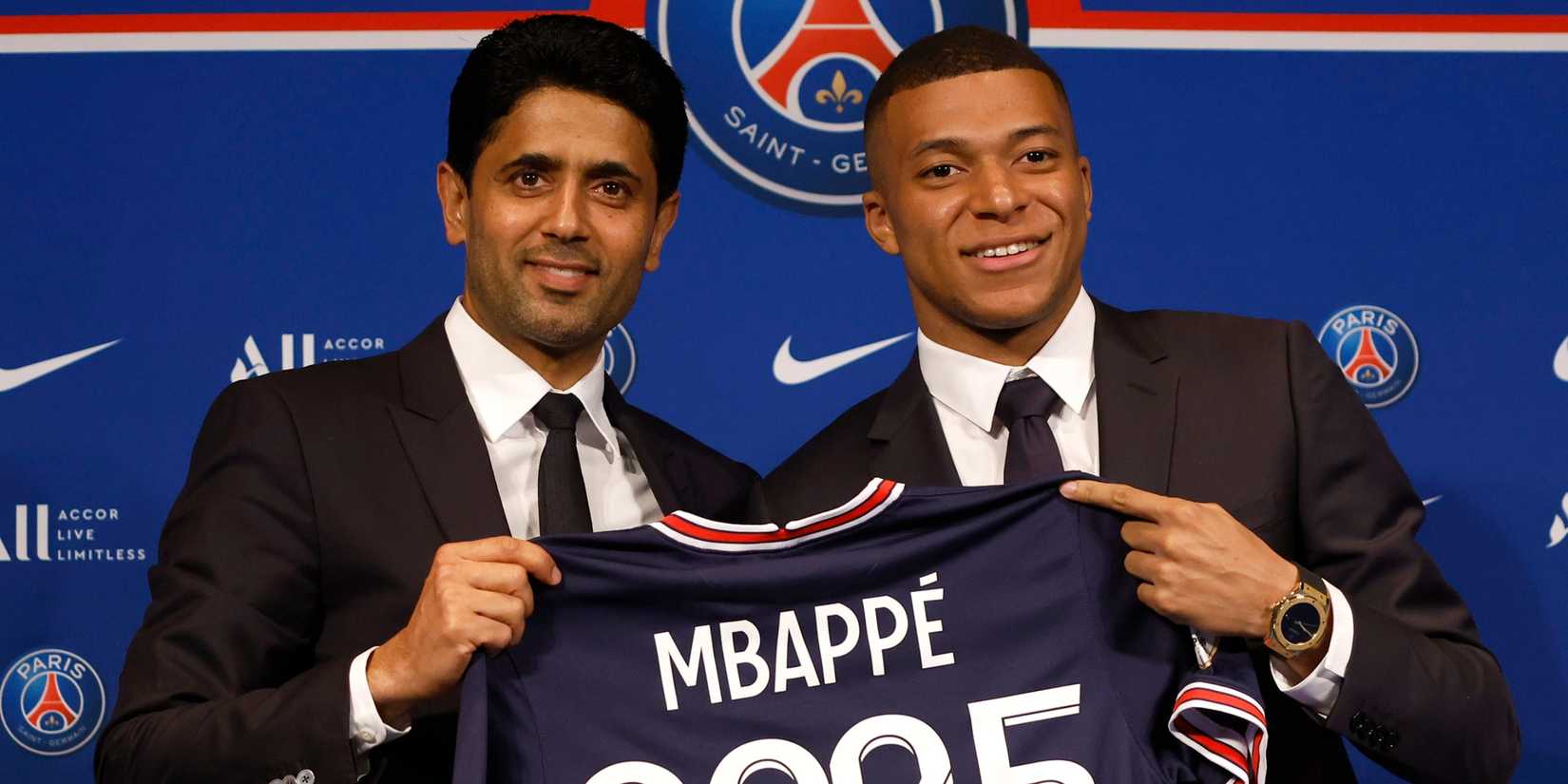 Paris St Germain's Kylian Mbappe and Paris St Germain president Nasser Al-Khelaifi
