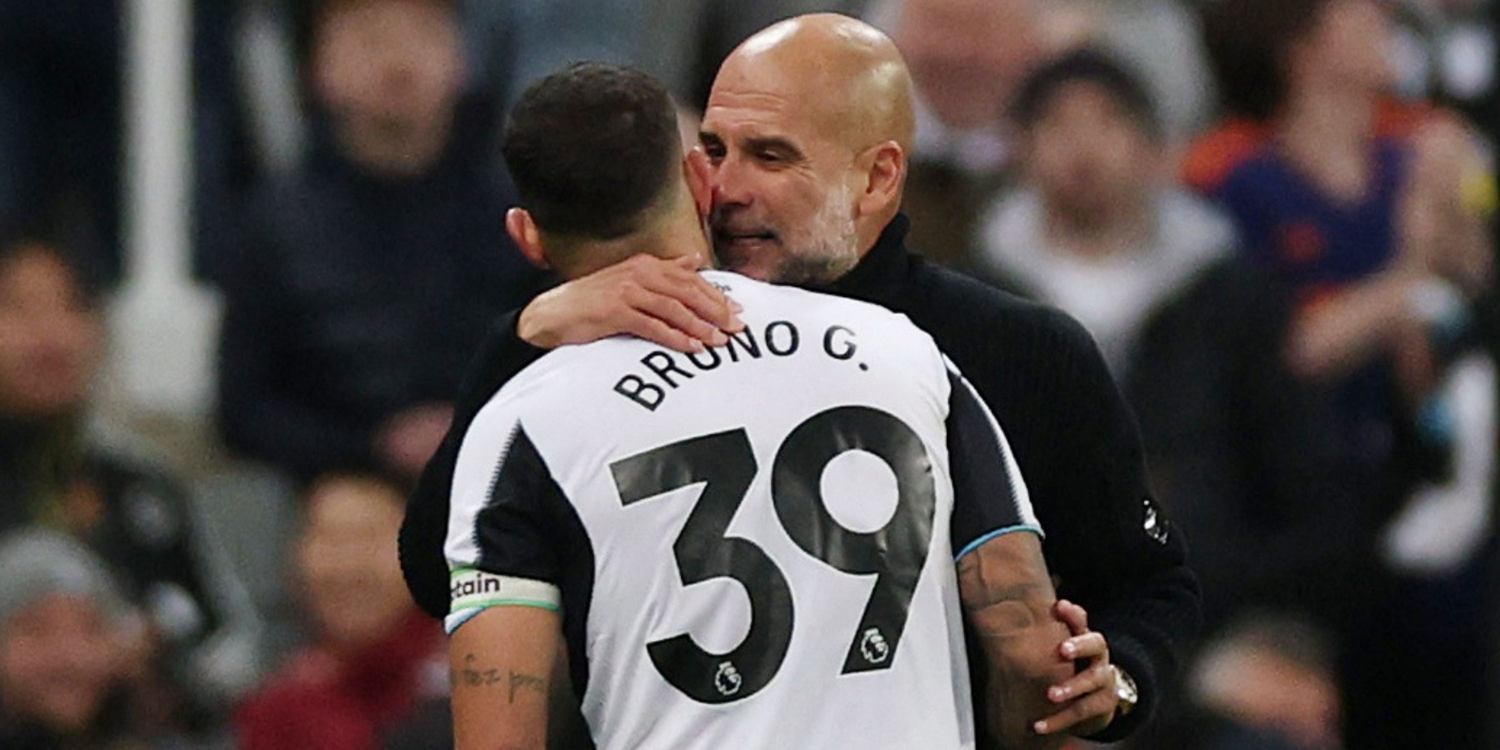 Manchester City manager Pep Guardiola clashes with Newcastle United's Bruno Guimaraes