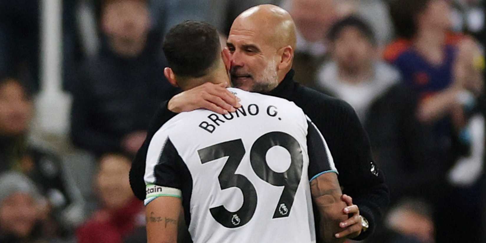 Manchester City manager Pep Guardiola clashes with Newcastle United's Bruno Guimaraes