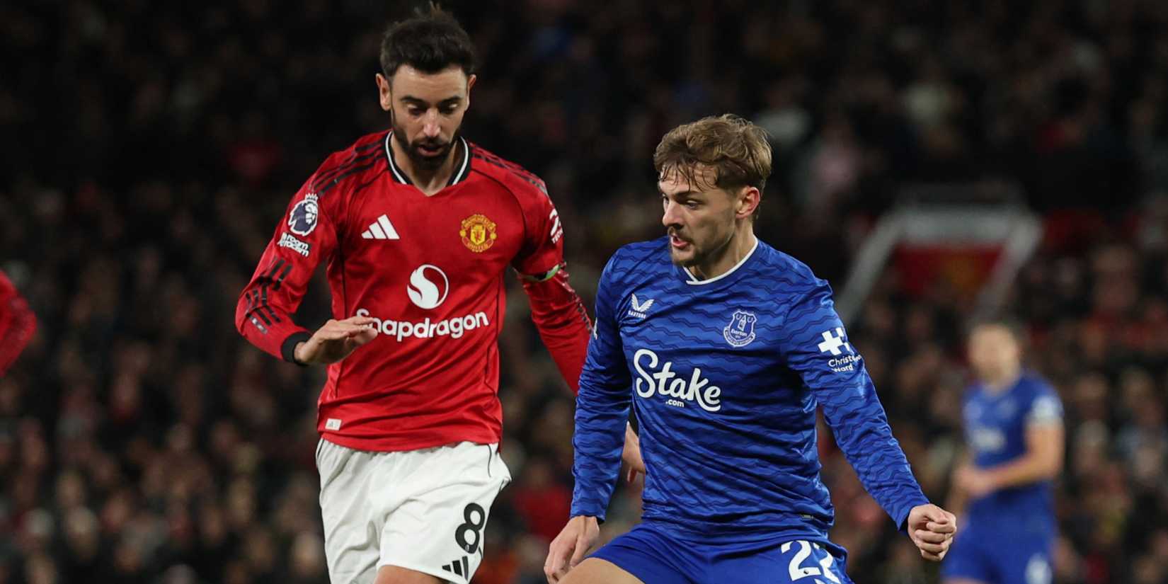 Everton's Kiernan Dewsbury-Hall in action with Manchester United's Bruno Fernandes