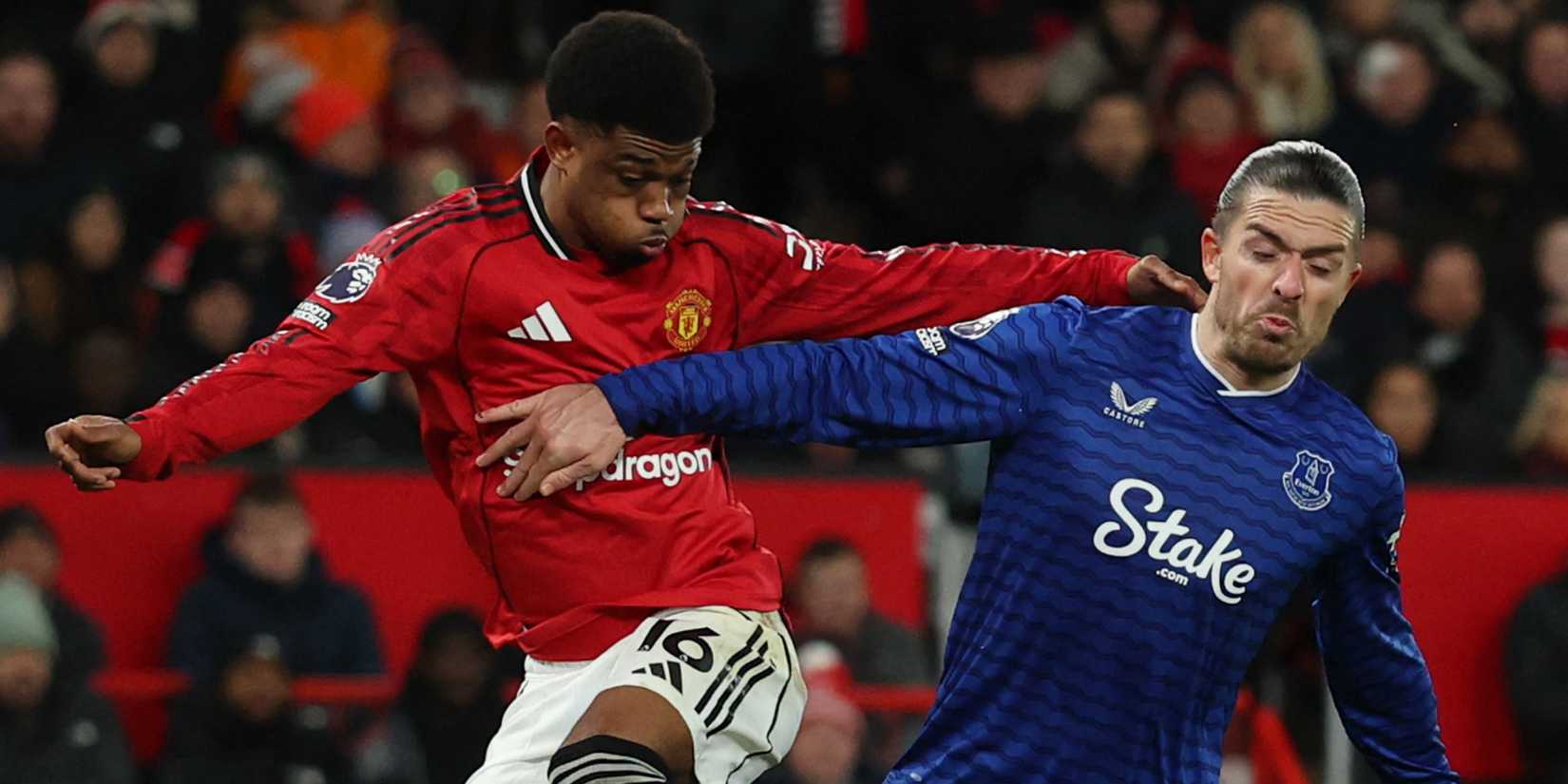 Manchester United's Amad Diallo challenges Everton's Jack Grealish