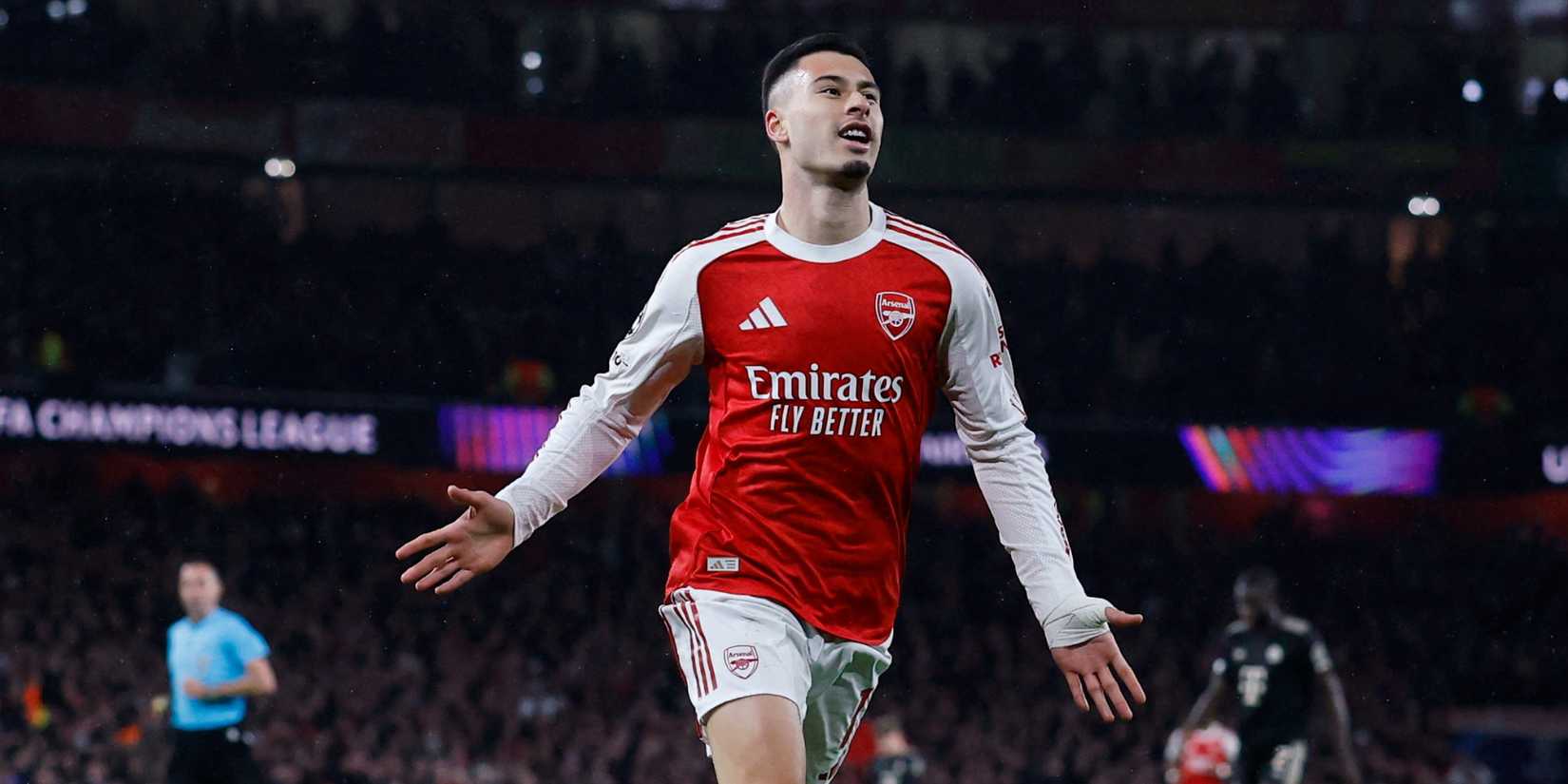 Arsenal's Gabriel Martinelli celebrates scoring against Bayern Munich.