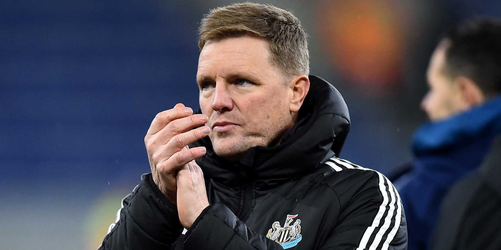 Newcastle United manager Eddie Howe applauds fans after the match vs Everton